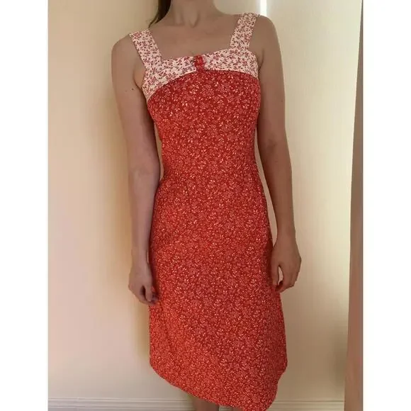 Red and White Handmade Floral Prairie Mini Dress - Picture 3 of 6